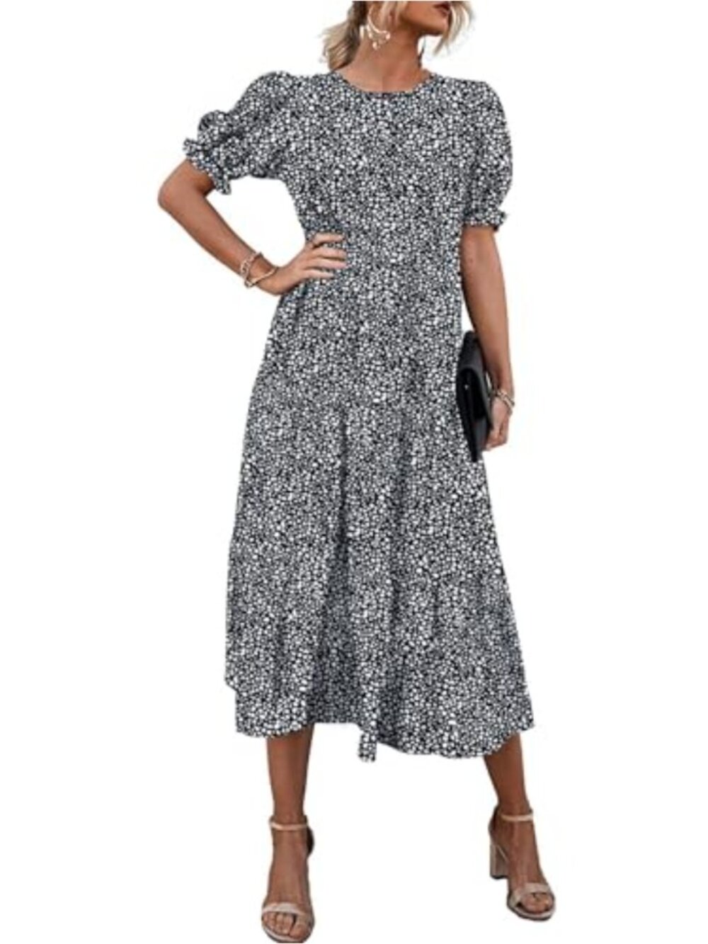 Women's Boho Floral Midi Dress Puff Sleeve High Waist Ruffle Hem Summer Beach